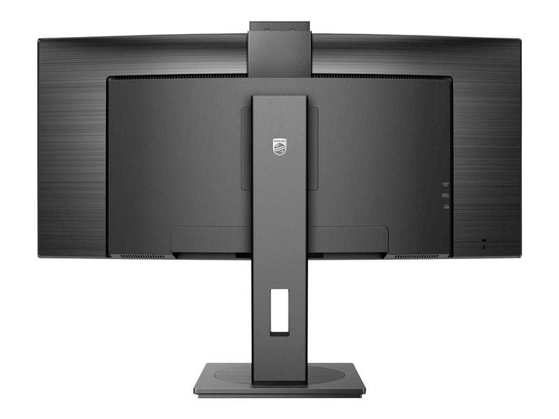 Een zwarte, brede computermonitor van achteren gezien, gemonteerd op een rechthoekige voet, met een centraal scharnier voor hoogteverstelling.