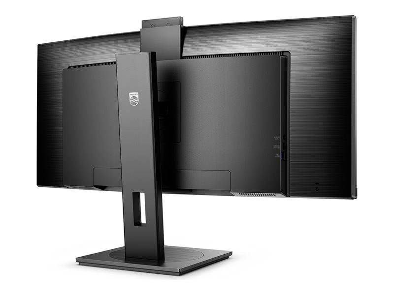 Een zwarte monitor van achteren, op een stabiele standaard. Het slanke ontwerp benadrukt de breedte en de gladde oppervlakte.