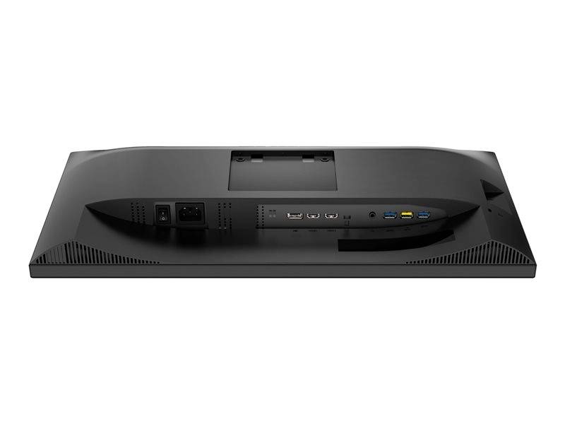 Achterkant van een computermonitor met meerdere aansluitingsmogelijkheden, waaronder HDMI- en USB-poorten.