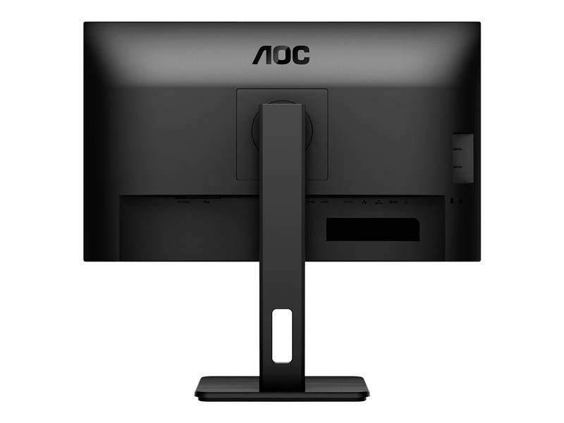 Achterkant van een zwarte computerscherm op een standaard, met een zichtbaar 'AOC' logo bovenaan.