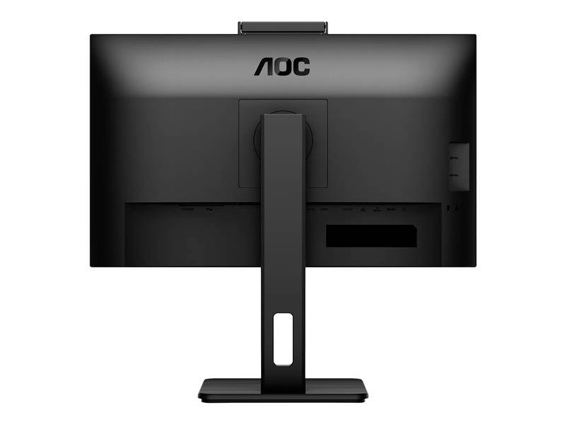 Achterkant van een zwarte computermonitor met het merkenlogo 'AOC' bovenaan. De monitor is gemonteerd op een rechthoekige voet.