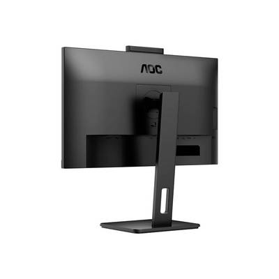 Achterkant van een zwarte AOC-monitor met een smal standaard, camera bovenaan en meerdere aansluitingen.