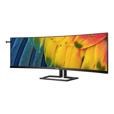 Een ultra-brede monitor met een levendig beeld in heldere kleuren, waarop kleurrijke vogelveders te zien zijn. Geschikt voor creatieve werkzaamheden.