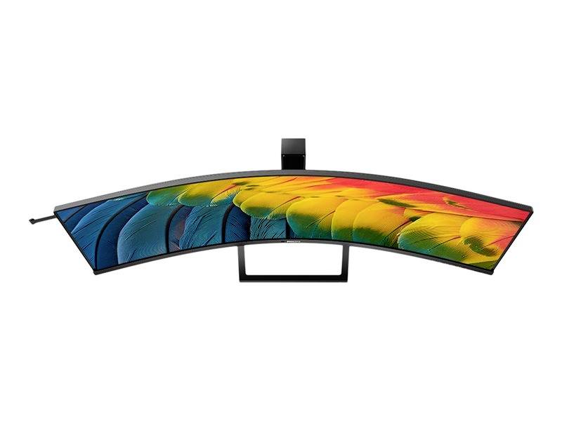 Een gebogen monitor met levendige, kleurrijke papegaaienveren op het scherm, perfect geschikt voor een meeslepende kijkervaring.