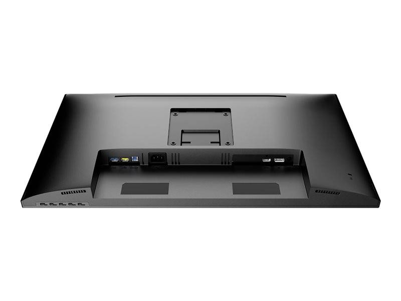 'Achteraanzicht van een zwarte computermonitor met meerdere aansluitingsmogelijkheden, inclusief HDMI- en USB-poorten.'