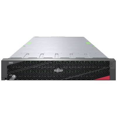 Server met zwart rooster, waarop de voorkant 'Fujitsu' staat. Plat ontwerp, grijze behuizing. Geschikt voor datacenters.