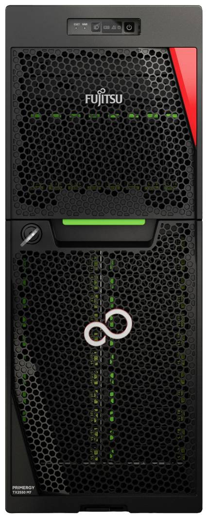 Een zwarte computerserver met een rasterpatroon, groene lichten en het Fujitsu-logo op de voorkant.
