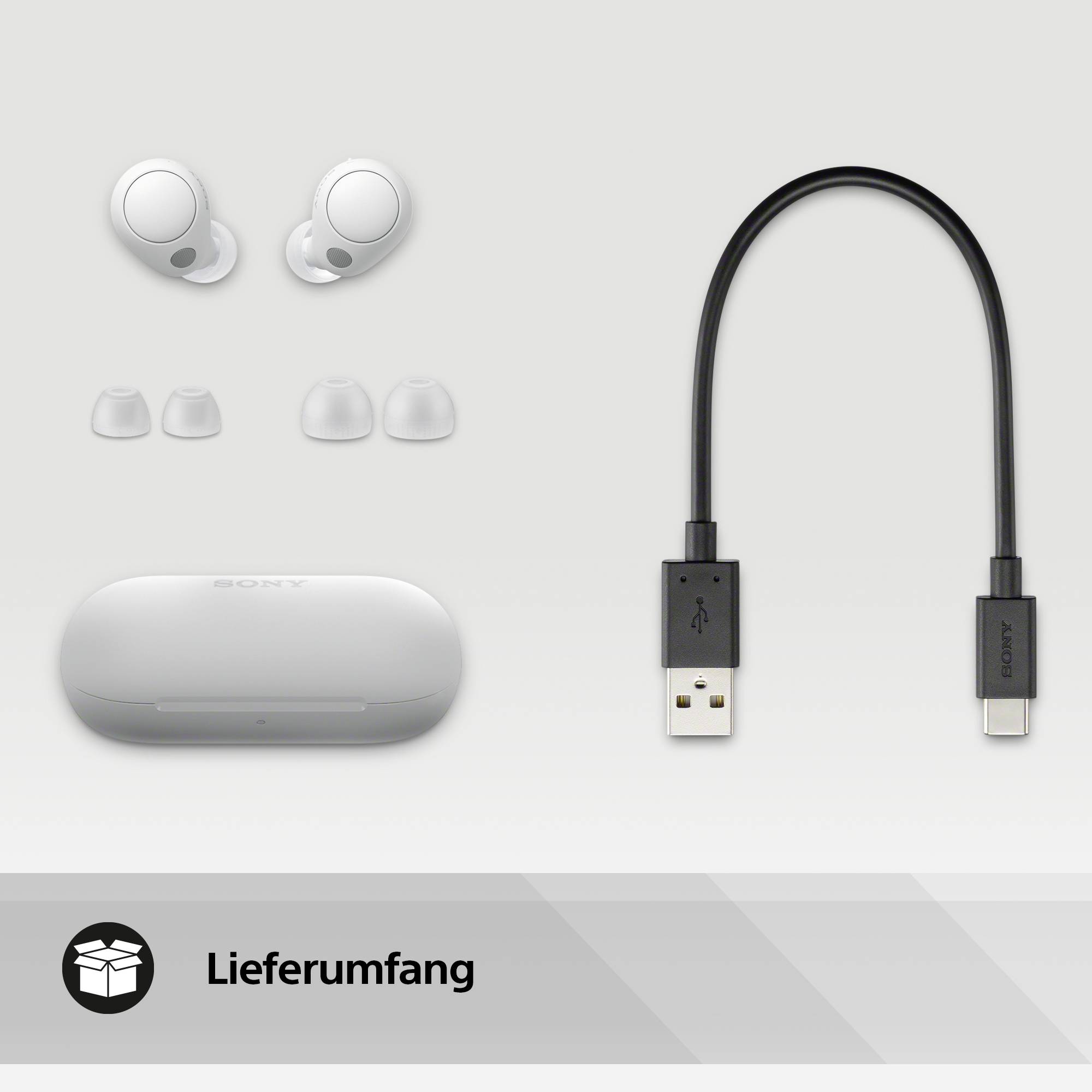 Sony-oordopjes-set: draadloze in-ear koptelefoon, oplaadcase, verwisselbare oordopjes en USB-C-oplaadkabel, afgebeeld in het wit.