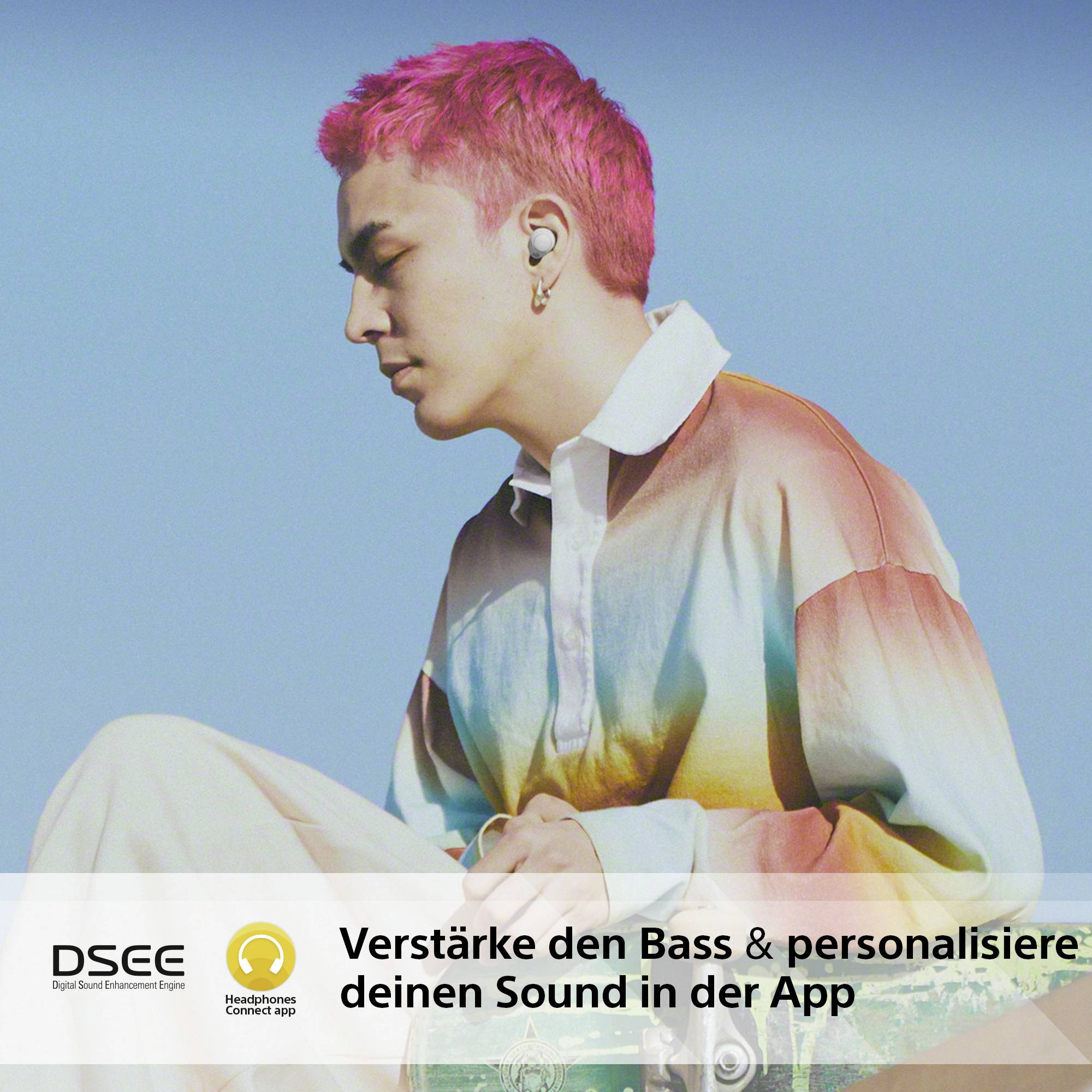 Een persoon met roze haar draagt een kleurrijk shirt. Daarbij staat de tekst: 'Verhoog de bas & personaliseer je geluid in de app'.