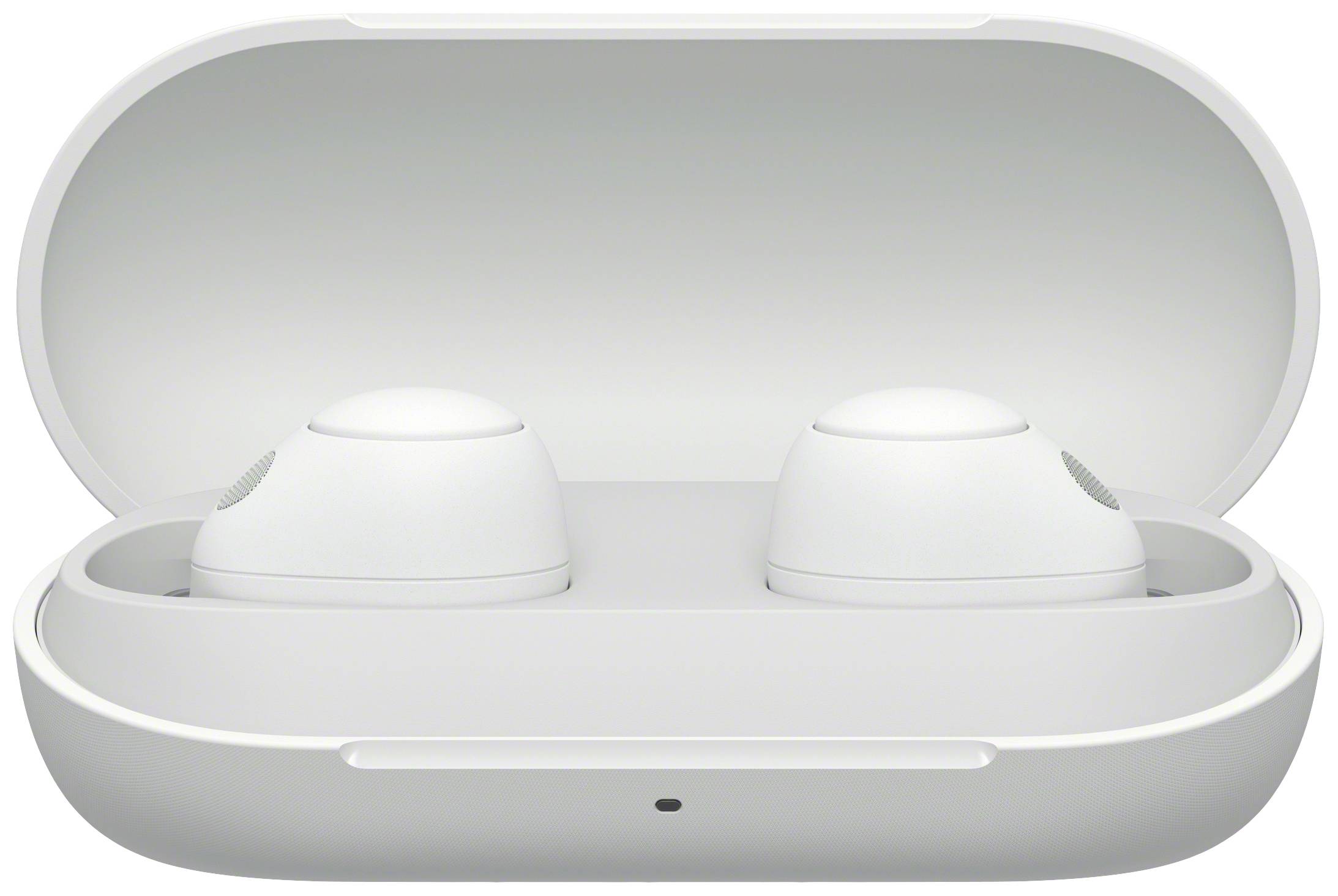 Witte, draadloze oordopjes in een geopende oplaadcase op een witte achtergrond, klaar voor gebruik of opladen.