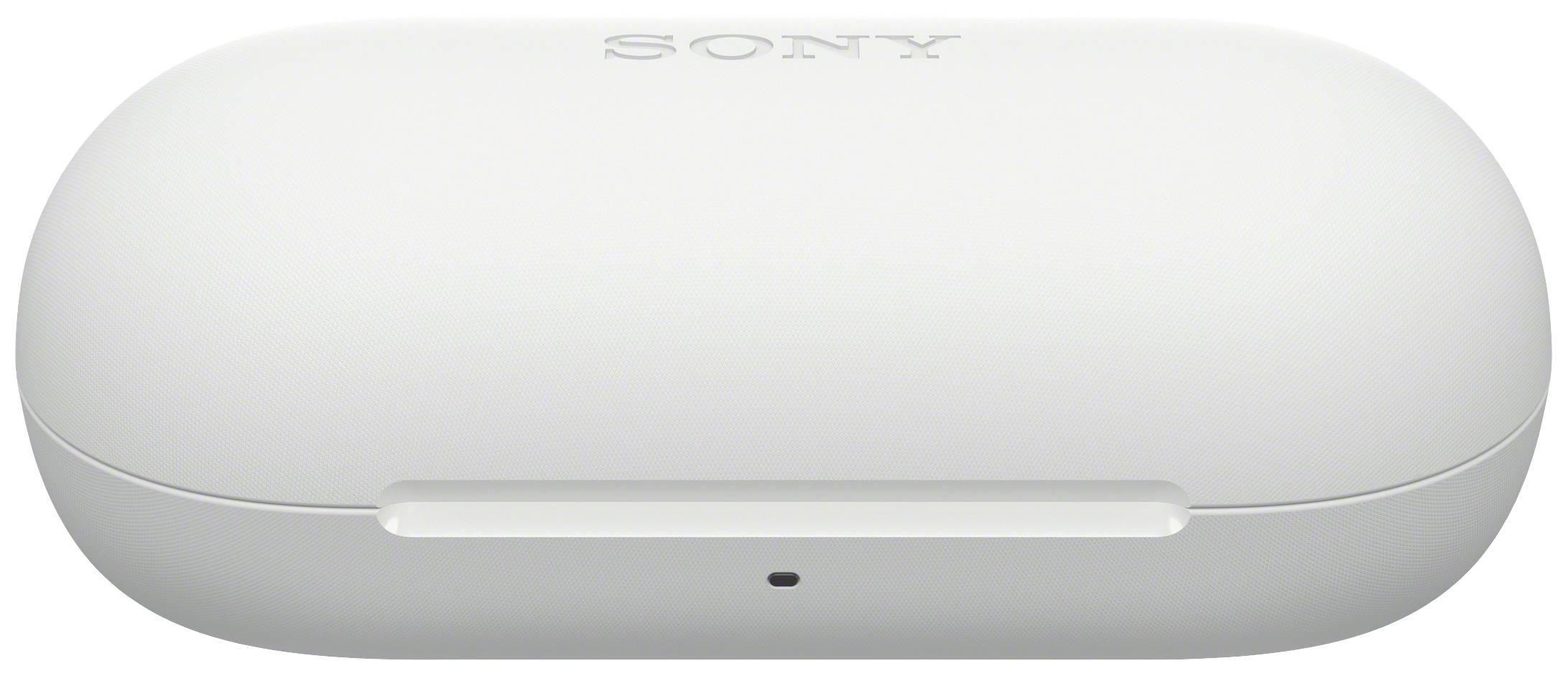 Een wit, ovaal oplaadhoesje met het 'SONY'-logo bovenaan. Het is bedoeld voor het bewaren en opladen van draadloze oordopjes.