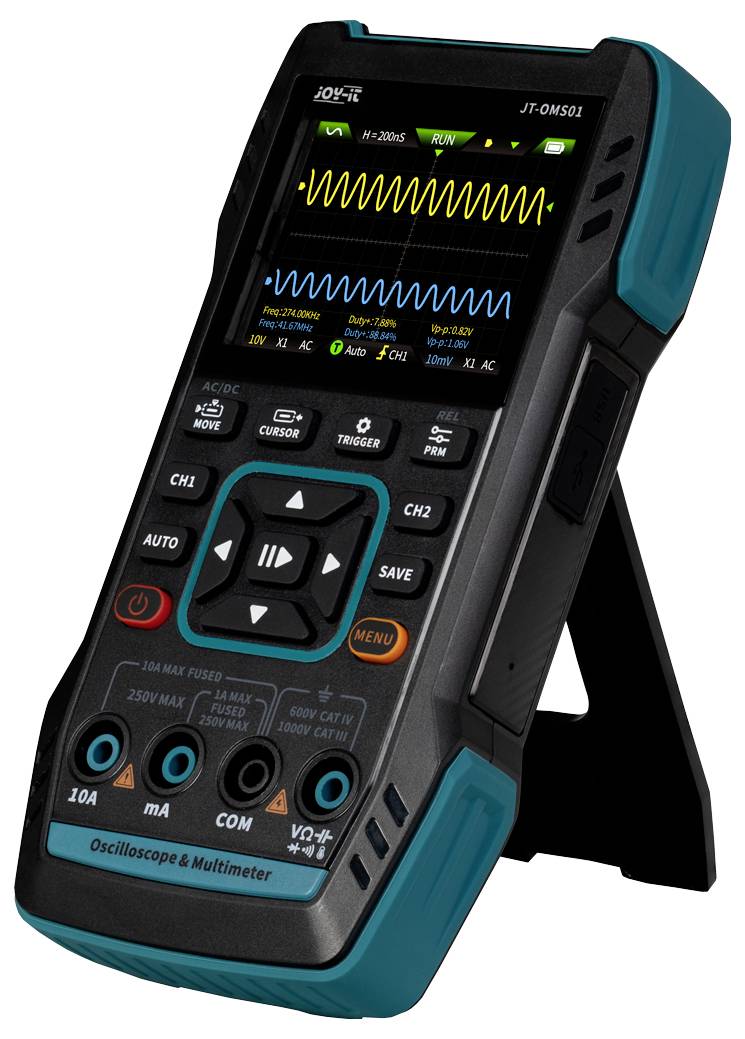 Een draagbaar oscilloscoop en multimeter, toont golfvormige signalen op het scherm, met knoppen voor verschillende meetfuncties.