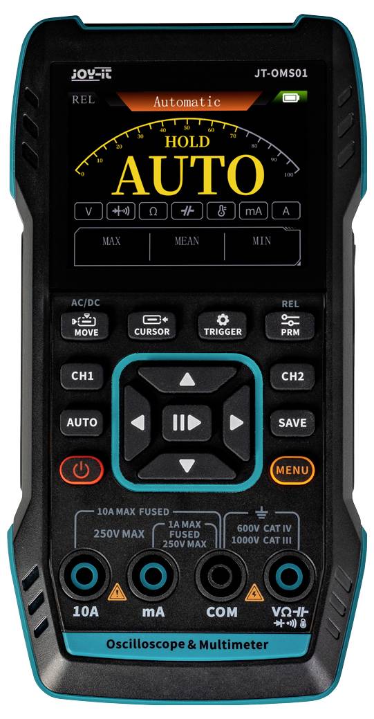 Elektronisch meetapparaat met display en toetsen voor het selecteren van functies zoals 'AUTO', spanning (V), stroom (A) en weerstand (Ω).