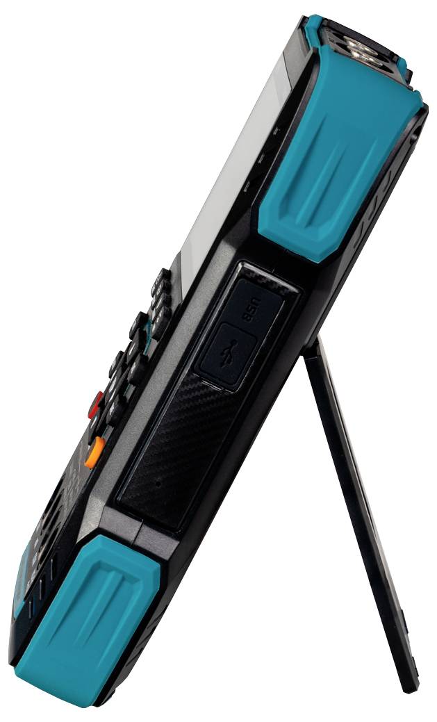 Handheld-apparaat met standaard, zijaanzicht. Zwarte behuizing met turquoise accenten, USB-aansluiting zichtbaar.