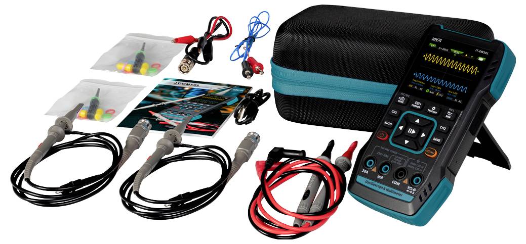 Draagbare oscilloscoop-kit met kabels, sondes, opbergtas en gebruiksaanwijzing. Geschikt voor elektronische metingen.