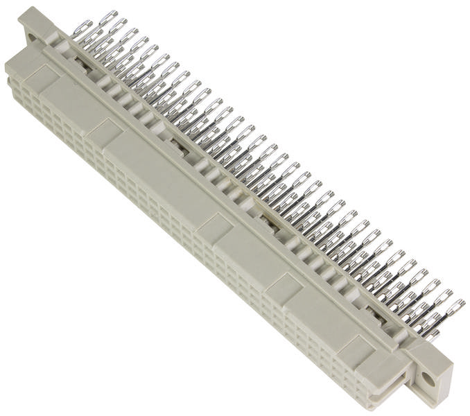 Een grijze 64-polige connector voor printplaten met uitstekende metalen pinnen, geschikt voor industriële toepassingen.