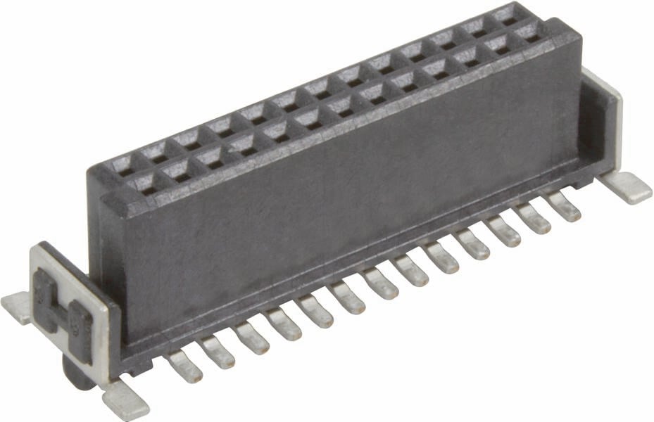Een zwarte, rechthoekige aansluiting met meerdere pinnen, typisch gebruikt voor elektronische verbindingen of hardware-componenten.