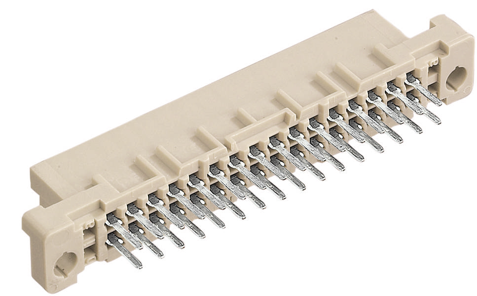 Een beige steekverbinder met 30 metalen pinnen, geschikt voor elektronische apparaten of printplaat-aansluitingen.