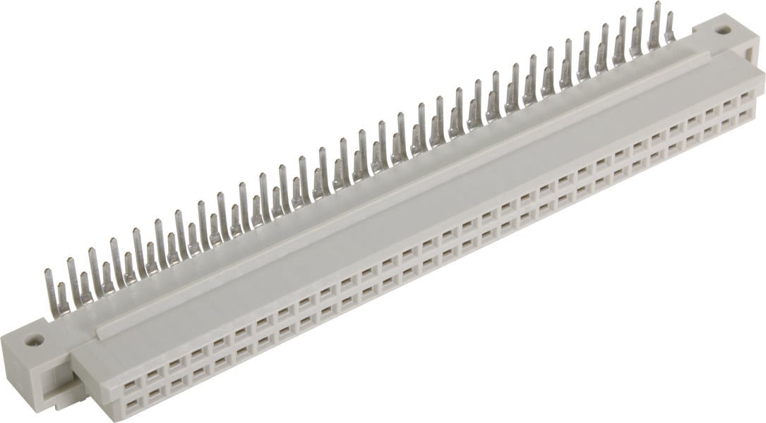 Kunststof connector met talrijke metalen pinnen in twee rijen voor het verbinden van elektronische componenten.