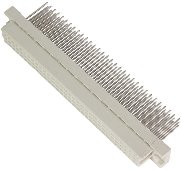 Een gedetailleerde connector met meerdere metalen pinnen in een stevige plastic behuizing, gefotografeerd onder een hoek van bovenaf.