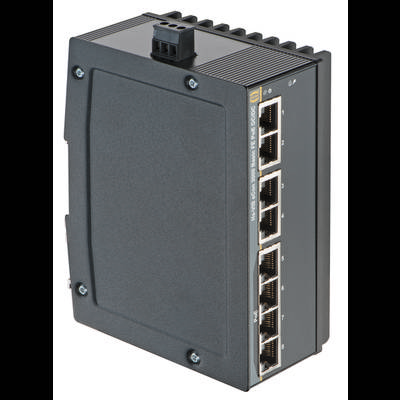 Industriële Ethernet-switch met zes RJ-45-poorten voor aansluiting op netwerken, geschikt voor ruige omgevingen.