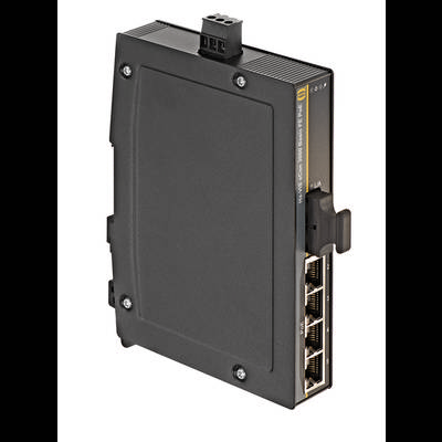 Industriële switch met vier Ethernet-poorten, gemonteerd op een wandbeugel. Geschikt voor industriële netwerktoepassingen.