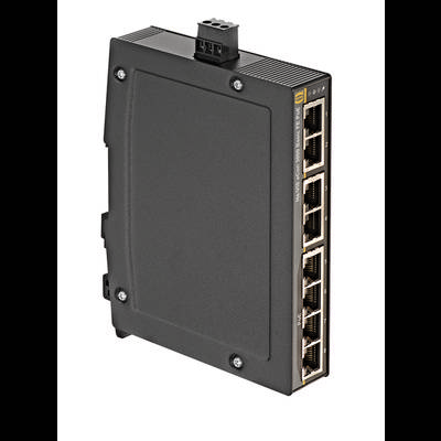 Een zwarte industriële Ethernet-switch met zes netwerkpoorten, geschikt voor robuuste omgevingen.