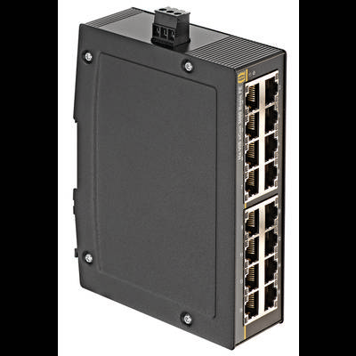 Een netwerk-switch met meerdere Ethernet-poorten, gedeeltelijk bedekt door een grote, onscherpe zwarte cijfer '33' op een zwarte achtergrond.