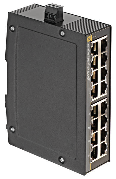 Een netwerk-switch met meerdere Ethernet-poorten wordt rechts weergegeven, een wazig getal '33' is links in de afbeelding zichtbaar.
