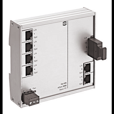 Metalen netwerk-switch met meerdere Ethernet-poorten en LED-statusaanduidingen aan de zijkant.