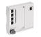 Een witte netwerk-switch voor wandmontage met vier Ethernet-poorten en een stroomaansluiting, gemerkt met 'Ha-VIS eCon 2000'.