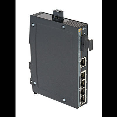 Een zwarte netwerk-switch met vier Ethernet-poorten en LED-indicatoren aan de zijkant, geschikt voor wandmontage.