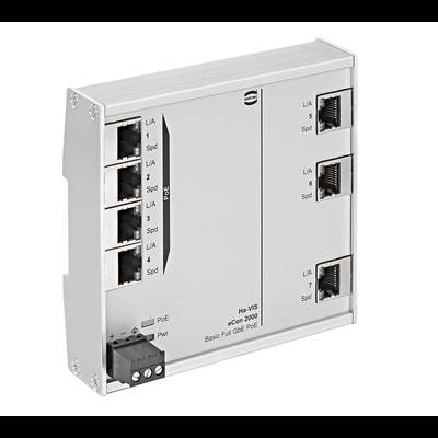 Een witte netwerk-switch met meerdere Ethernet-poorten, gekenmerkt als 'Ha-VIS eCon 2000', biedt Gigabit-Ethernet en PoE-ondersteuning.