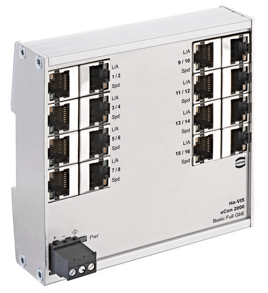 Een Ethernet-switch uit de Ha-VIS eCon 2000-serie met 16 RJ-45-poorten, voor netwerkverbinding. Etiket vermeldt 'Basic Full GbE'.