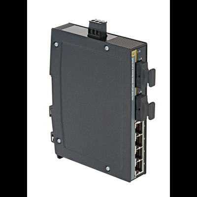 Een zwarte industriële Ethernet-switch met meerdere netwerkpoorten aan de zijkant, geschikt voor gebruik in ruige omgevingen.