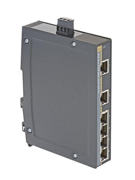 Industriële Ethernet-switch met zes Ethernet-poorten in een zwarte behuizing, geschikt voor robuuste netwerkverbindingen.