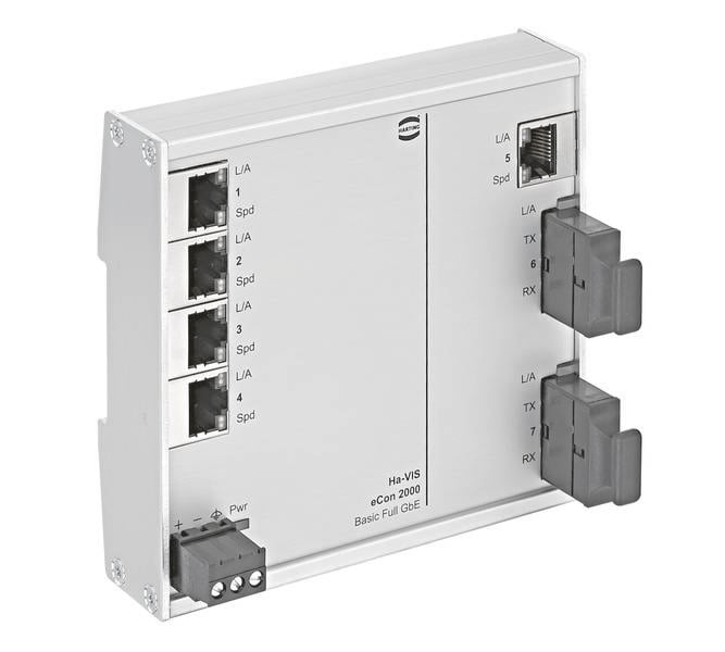 Een industriële Ethernet-switch met meerdere poorten voor netwerkverbindingen, toont statuslampjes en aansluitingen voor glasvezelkabels.