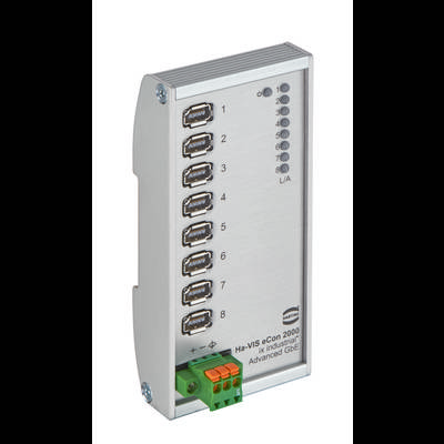Een zilveren industriële Ethernet-switch met acht RJ45-poorten. Aan de voorzijde bevinden zich LED-indicatoren voor elke poort en de stroomvoorziening.
