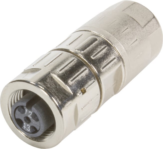 Een zilverkleurige XLR-stekker in close-up, met vier pinnen zichtbaar, wordt gebruikt voor het aansluiten van audioapparatuur.
