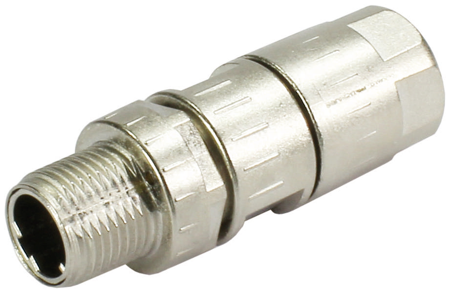 Een zilveren coaxiale stekker met schroefdraad, die wordt gebruikt voor het verbinden van coaxkabels, ligt op een witte achtergrond.