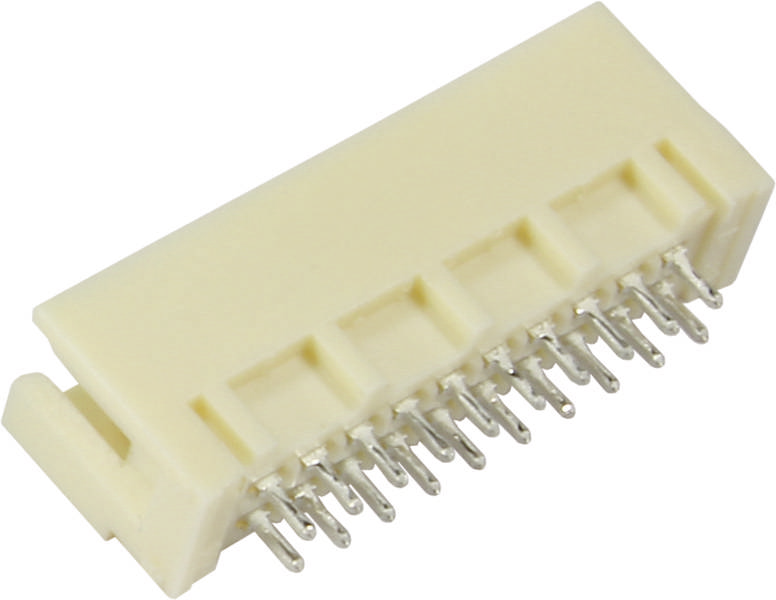 Een witte elektrische stekker met meerdere metalen pinnen, die wordt gebruikt voor het verbinden van elektrische componenten.