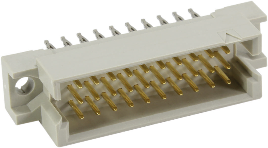 Een rechthoekige stekker met gouden contacten in twee rijen voor het verbinden van elektronische componenten.