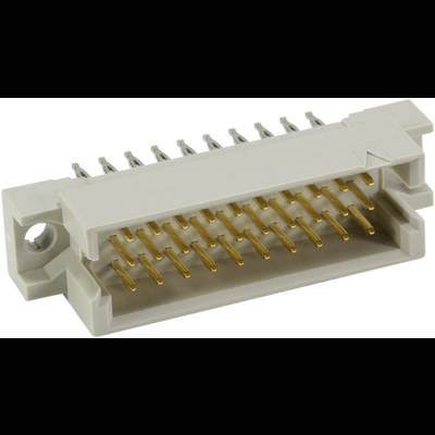 Een rechthoekige stekker met gouden contacten in twee rijen voor het verbinden van elektronische componenten.