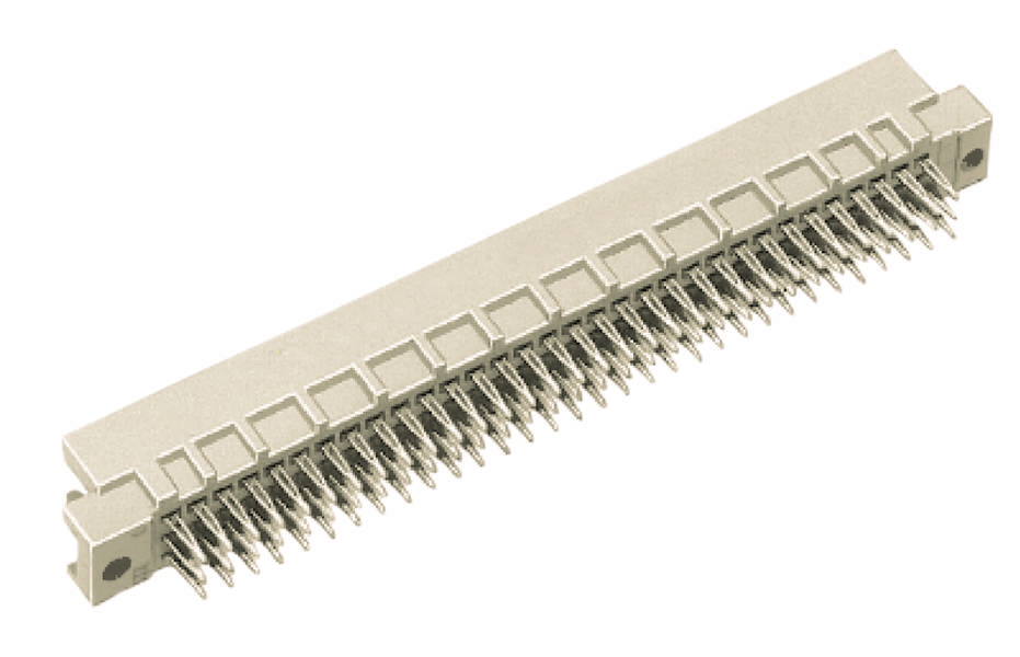 Een witte elektrische stekker met talrijke metalen pinnen voor het aansluiten van elektronische componenten.