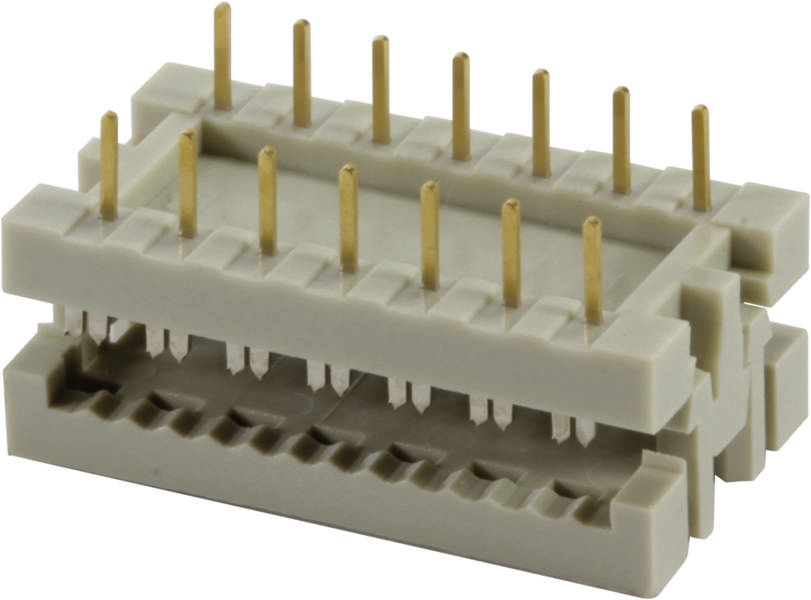 Grijze stekker met twee verticale rijen gouden pinnen. Geschikt voor elektronische verbindingen of printplaat montage.