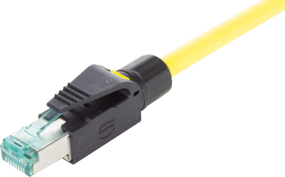 Een geel netwerkkabel met RJ45-connector, gebruikt voor Ethernet-verbindingen in computernetwerken.