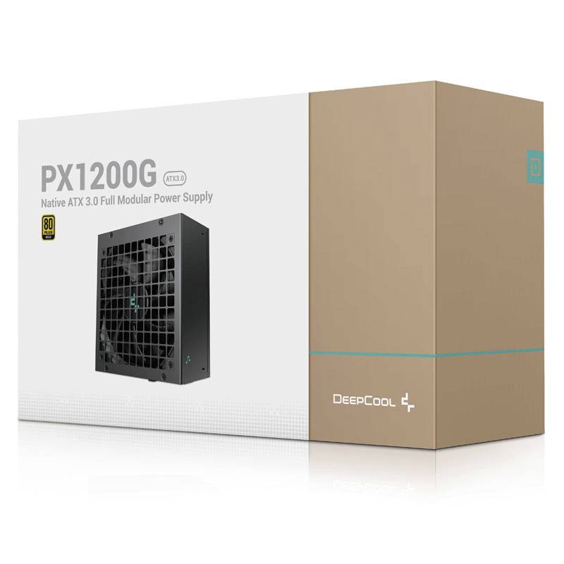 Witte verpakking van een DeepCool PX1200G Full Modulaire ATX 3.0 voeding met 80 Plus Gold zegel, afbeelding van het apparaat.