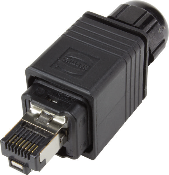 Een zwarte stekker met Ethernet-aansluiting, vaak gebruikt in netwerbekabeling, toont de metalen contacten en robuuste constructie.