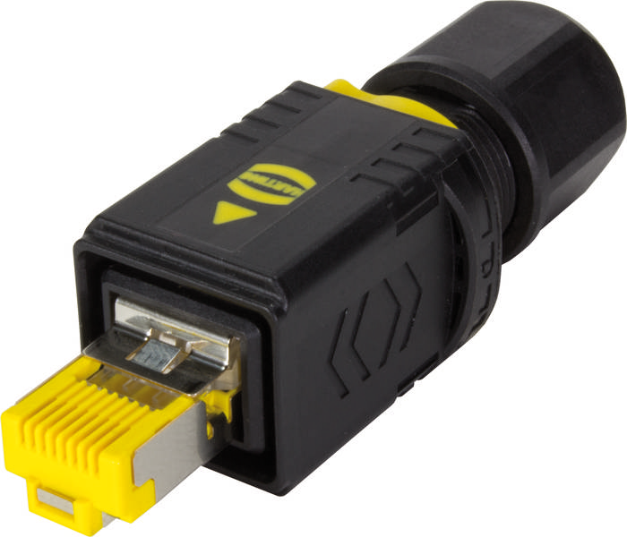 Geel en zwart stekkermodule met rechthoekige behuizing en RJ45-connector, geschikt voor industriële netwerktoepassingen.