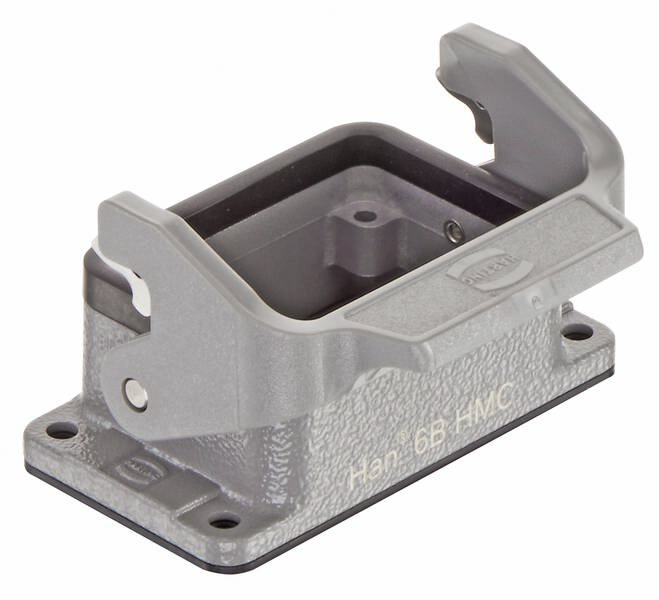Grijs metalen behuizing met zijdelingse vergrendelingen en opschrift 'Han 6B HMC'.